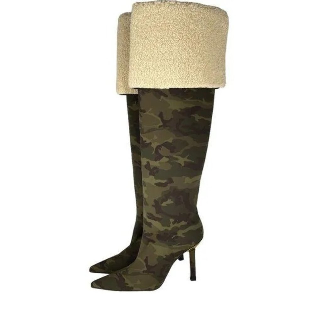NIB $395 GOOD AMERICAN SHERPA TRIM KNEE HIGH CAMO STILETTO BOOTS SZ 9.5 SOLD OUT